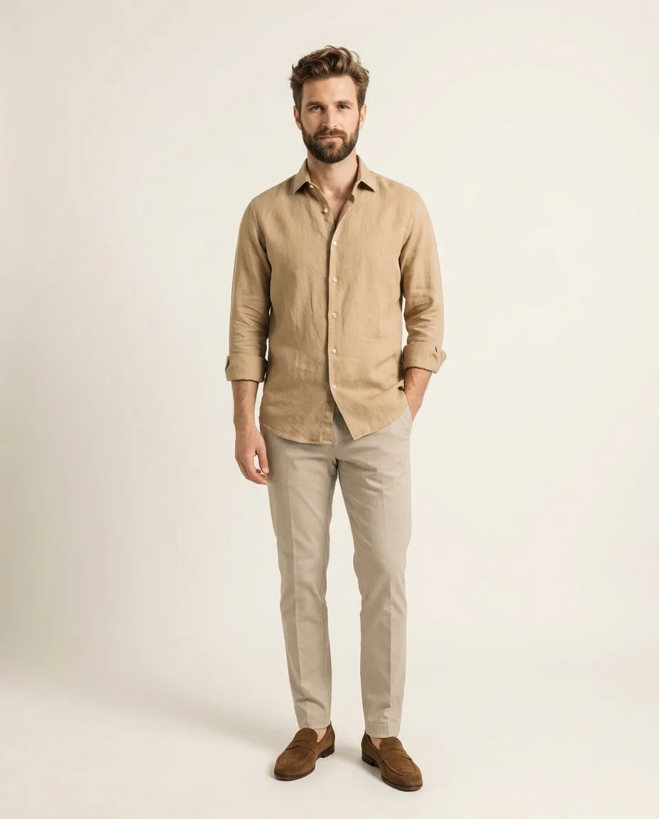 Model wearing the relaxed linen shirt