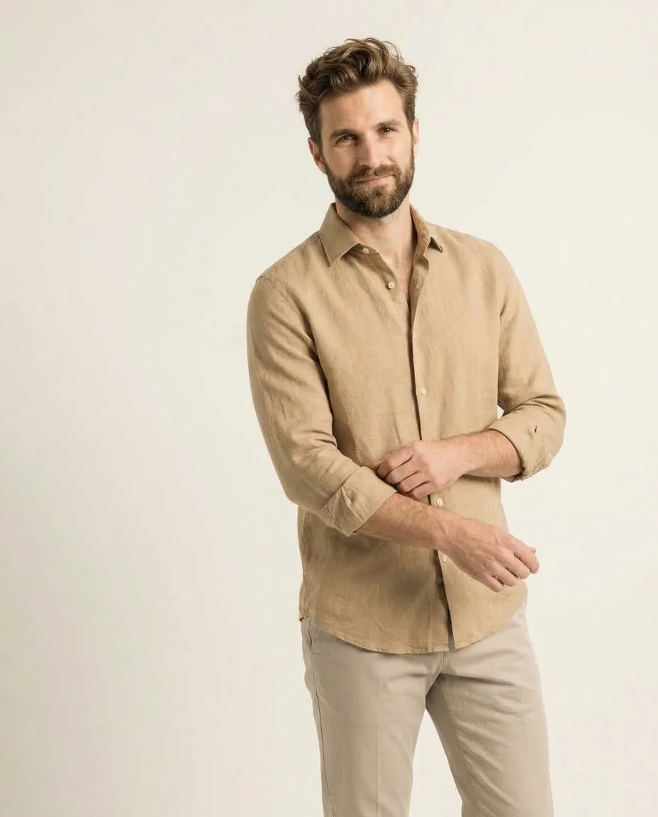 A shopper in a sand linen shirt